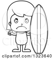 Outline Clipart Of A Cartoon Black And White Mad Surfer Girl Royalty Free Lineart Vector Illustration