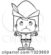 Outline Clipart Of A Cartoon Black And White Mad Robin Hood Girl Royalty Free Lineart Vector Illustration