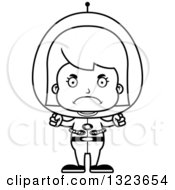 Outline Clipart Of A Cartoon Black And White Mad Futuristic Space Girl Royalty Free Lineart Vector Illustration