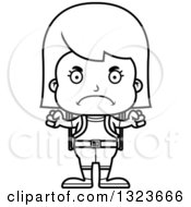 Outline Clipart Of A Cartoon Black And White Mad Girl Hiker Royalty Free Lineart Vector Illustration