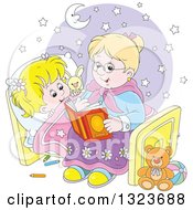 Cartoon Blond White Granny Reading A Bedtime Story To Her Granddaughter