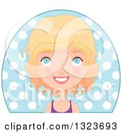 Poster, Art Print Of Happy Blond Haired Blue Eyed Caucasian Fit Woman Avatar Over A Circle Of Polka Dots