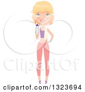 Clipart Of A Full Length Happy Blond Haired Blue Eyed Caucasian Woman In Fitness Apparel Holding A Shaker Water Bottle Royalty Free Vector Illustration