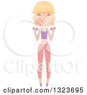 Clipart Of A Happy Blond Haired Blue Eyed Caucasian Woman In Fitness Apparel Working Out With Dumbbells Royalty Free Vector Illustration