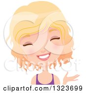 Clipart Of An Avatar Of A Happy Blond Caucasian Woman Presenting Royalty Free Vector Illustration by Melisende Vector