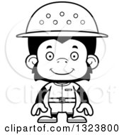 Lineart Clipart Of A Cartoon Black And White Happy Chimpanzee Monkey Zookeeper Royalty Free Outline Vector Illustration