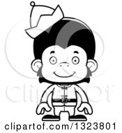 Lineart Clipart Of A Cartoon Black And White Happy Christmas Elf Chimpanzee Monkey Royalty Free Outline Vector Illustration