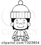 Lineart Clipart Of A Cartoon Black And White Happy Chimpanzee Monkey In Winter Clothes Royalty Free Outline Vector Illustration