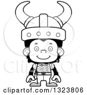 Lineart Clipart Of A Cartoon Black And White Happy Chimpanzee Monkey Viking Royalty Free Outline Vector Illustration