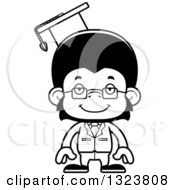 Lineart Clipart Of A Cartoon Black And White Happy Chimpanzee Monkey Professor Royalty Free Outline Vector Illustration