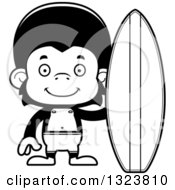 Lineart Clipart Of A Cartoon Black And White Happy Chimpanzee Monkey Surfer Royalty Free Outline Vector Illustration