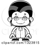Lineart Clipart Of A Cartoon Black And White Happy Chimpanzee Monkey Scientist Royalty Free Outline Vector Illustration