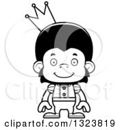 Lineart Clipart Of A Cartoon Black And White Happy Chimpanzee Monkey Prince Royalty Free Outline Vector Illustration