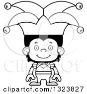 Lineart Clipart Of A Cartoon Black And White Happy Chimpanzee Monkey Jester Royalty Free Outline Vector Illustration