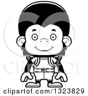 Lineart Clipart Of A Cartoon Black And White Happy Chimpanzee Monkey Hiker Royalty Free Outline Vector Illustration