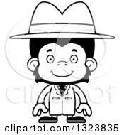 Lineart Clipart Of A Cartoon Black And White Happy Chimpanzee Monkey Detective Royalty Free Outline Vector Illustration