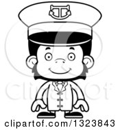 Lineart Clipart Of A Cartoon Black And White Happy Chimpanzee Monkey Captain Royalty Free Outline Vector Illustration