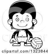 Lineart Clipart Of A Cartoon Black And White Happy Chimpanzee Monkey Beach Volleyball Player Royalty Free Outline Vector Illustration
