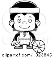 Lineart Clipart Of A Cartoon Black And White Happy Chimpanzee Monkey Basketball Player Royalty Free Outline Vector Illustration