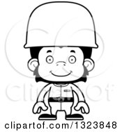 Lineart Clipart Of A Cartoon Black And White Happy Chimpanzee Monkey Soldier Royalty Free Outline Vector Illustration