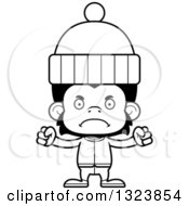 Lineart Clipart Of A Cartoon Black And White Mad Chimpanzee Monkey In Winter Clothes Royalty Free Outline Vector Illustration