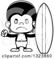 Lineart Clipart Of A Cartoon Black And White Mad Chimpanzee Monkey Surfer Royalty Free Outline Vector Illustration