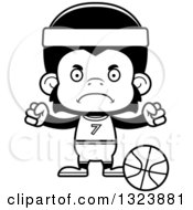 Lineart Clipart Of A Cartoon Black And White Mad Chimpanzee Monkey Basketball Player Royalty Free Outline Vector Illustration