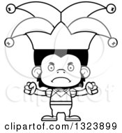 Lineart Clipart Of A Cartoon Black And White Mad Chimpanzee Monkey Jester Royalty Free Outline Vector Illustration