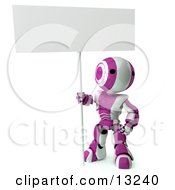 Pink And White Striped Metal Robot Sitting On The Ground And Holding A Blank Sign