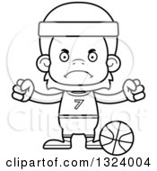 Lineart Clipart Of A Cartoon Black And White Mad Orangutan Monkey Basketball Player Royalty Free Outline Vector Illustration