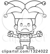 Lineart Clipart Of A Cartoon Black And White Mad Orangutan Monkey Jester Royalty Free Outline Vector Illustration