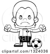 Lineart Clipart Of A Cartoon Black And White Mad Orangutan Monkey Soccer Player Royalty Free Outline Vector Illustration