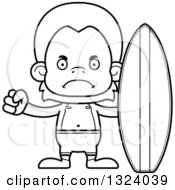 Lineart Clipart Of A Cartoon Black And White Mad Orangutan Monkey Surfer Royalty Free Outline Vector Illustration