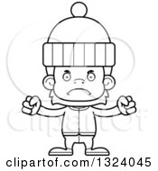 Lineart Clipart Of A Cartoon Black And White Mad Orangutan Monkey In Winter Clothes Royalty Free Outline Vector Illustration