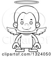 Lineart Clipart Of A Cartoon Black And White Happy Orangutan Monkey Angel Royalty Free Outline Vector Illustration