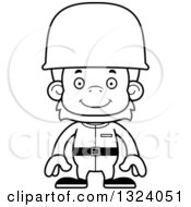 Lineart Clipart Of A Cartoon Black And White Happy Orangutan Monkey Soldier Royalty Free Outline Vector Illustration