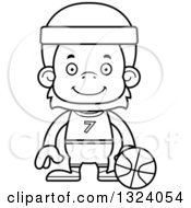 Lineart Clipart Of A Cartoon Black And White Happy Orangutan Monkey Basketball Player Royalty Free Outline Vector Illustration