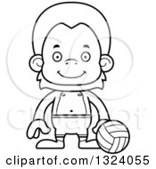 Lineart Clipart Of A Cartoon Black And White Happy Orangutan Monkey Beach Volleyball Player Royalty Free Outline Vector Illustration