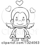 Lineart Clipart Of A Cartoon Black And White Happy Orangutan Monkey Cupid Royalty Free Outline Vector Illustration