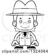 Lineart Clipart Of A Cartoon Black And White Happy Orangutan Monkey Detective Royalty Free Outline Vector Illustration