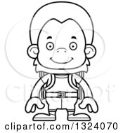 Lineart Clipart Of A Cartoon Black And White Happy Orangutan Monkey Hiker Royalty Free Outline Vector Illustration