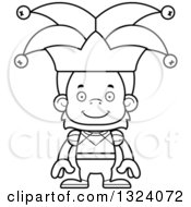 Lineart Clipart Of A Cartoon Black And White Happy Orangutan Monkey Jester Royalty Free Outline Vector Illustration
