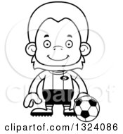 Lineart Clipart Of A Cartoon Black And White Happy Orangutan Monkey Soccer Player Royalty Free Outline Vector Illustration
