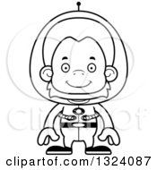 Lineart Clipart Of A Cartoon Black And White Happy Futuristic Space Orangutan Monkey Royalty Free Outline Vector Illustration