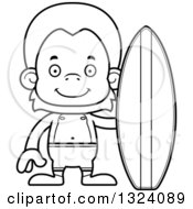 Lineart Clipart Of A Cartoon Black And White Happy Orangutan Monkey Surfer Royalty Free Outline Vector Illustration