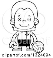 Lineart Clipart Of A Cartoon Black And White Happy Orangutan Monkey Volleyball Player Royalty Free Outline Vector Illustration