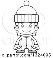 Lineart Clipart Of A Cartoon Black And White Happy Orangutan Monkey In Winter Clothes Royalty Free Outline Vector Illustration