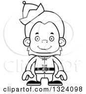 Lineart Clipart Of A Cartoon Black And White Happy Christmas Elf Orangutan Monkey Royalty Free Outline Vector Illustration