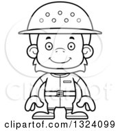 Lineart Clipart Of A Cartoon Black And White Happy Orangutan Monkey Zookeeper Royalty Free Outline Vector Illustration