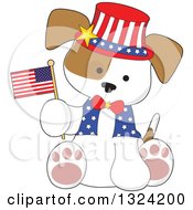 Poster, Art Print Of Cartoon Cute Patriotic Fourth Of July Puppy Dog Sitting And Holding An American Flag